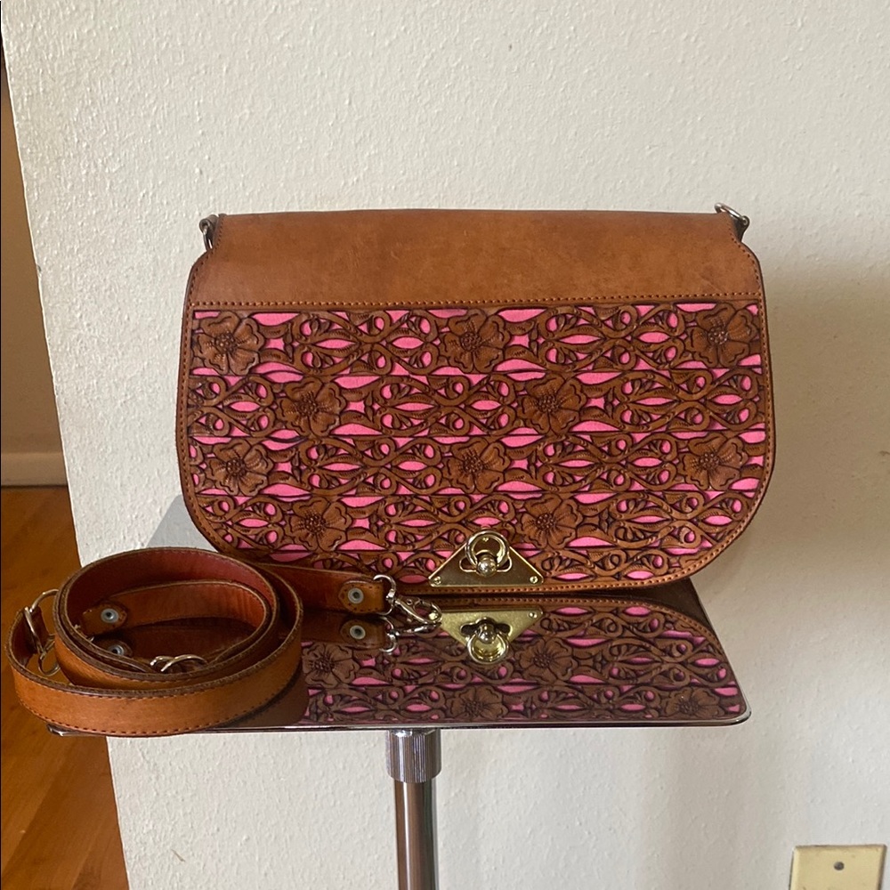 Brown and Pink 100 % Leather Crossbody Bag